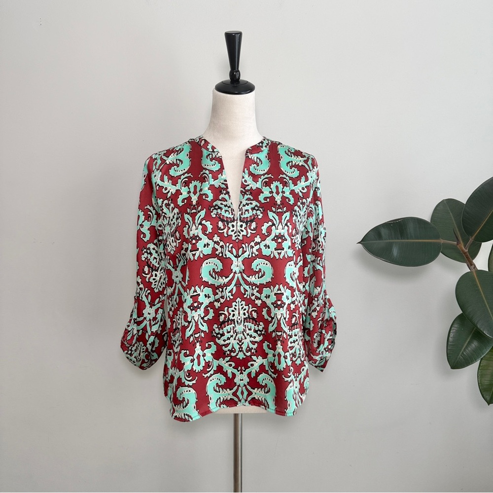 The Limited Satin Roll Tab Sleeve Floral Top
